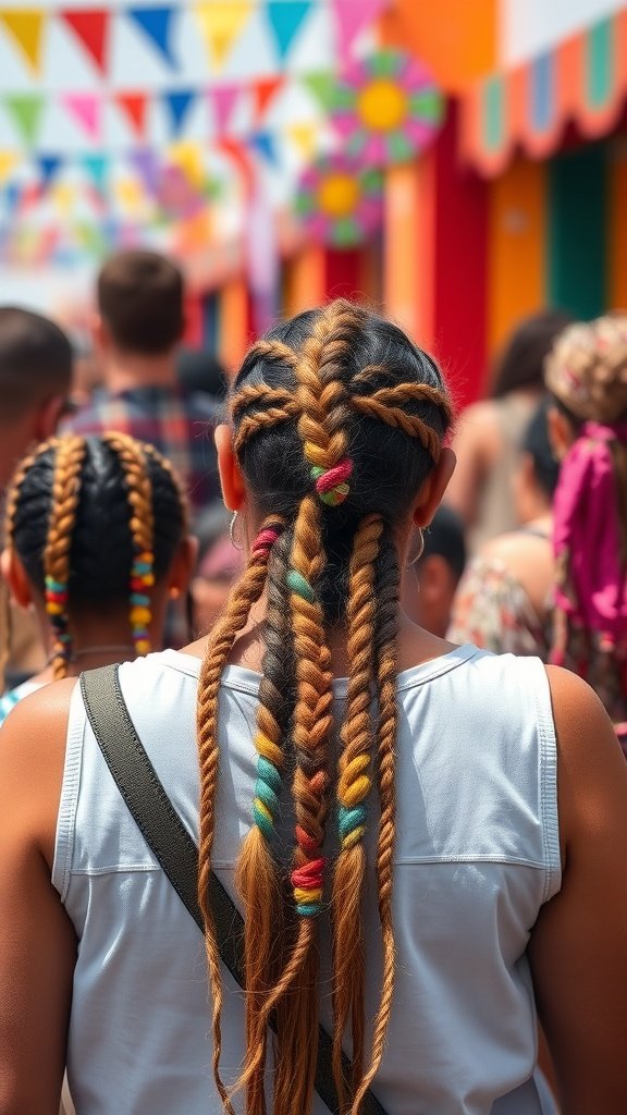 A person with small knotless braids adorned with colorful beads, enjoying a festival atmosphere.