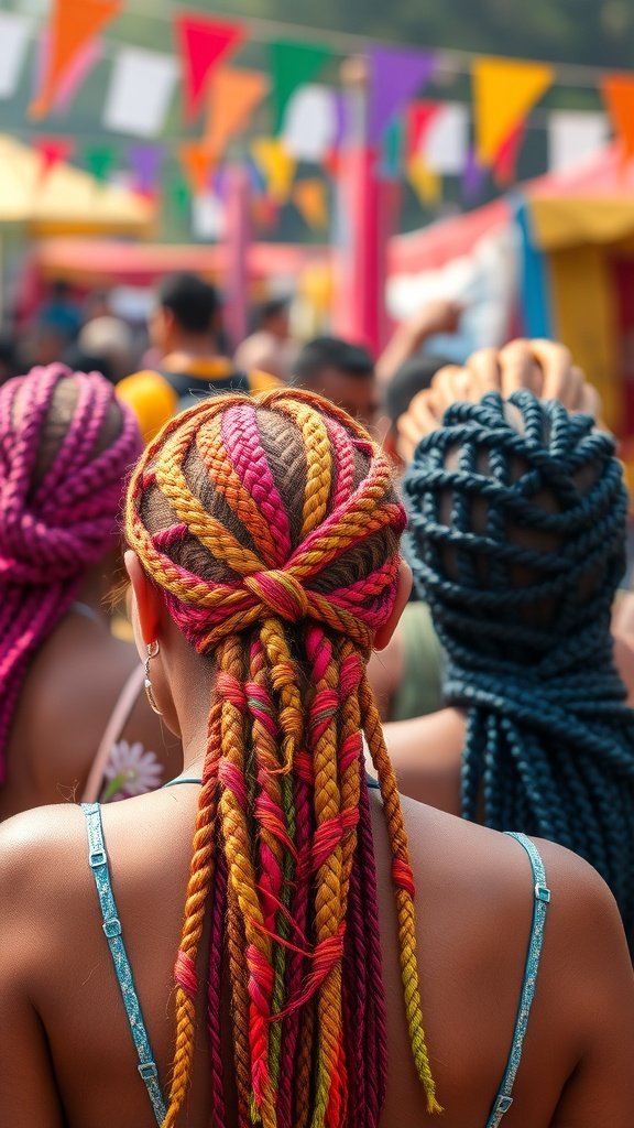 A group of people with colorful small knotless braids at a festival