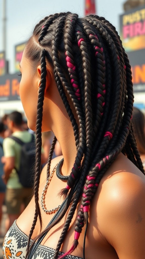 A woman with small boho knotless braids featuring pink accents, enjoying a festival atmosphere.