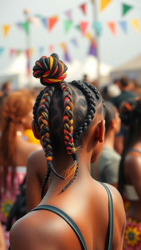A woman with colorful knotless braids styled in a bun, surrounded by festival decorations.