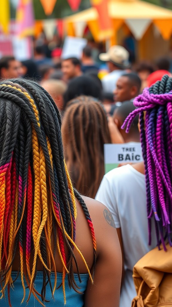A vibrant festival scene featuring people with colorful knotless braids in various styles.