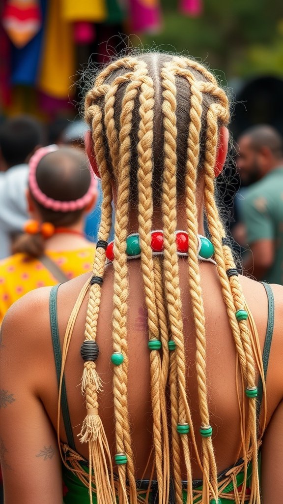A person with blonde knotless braids adorned with colorful beads, standing in a festival crowd.