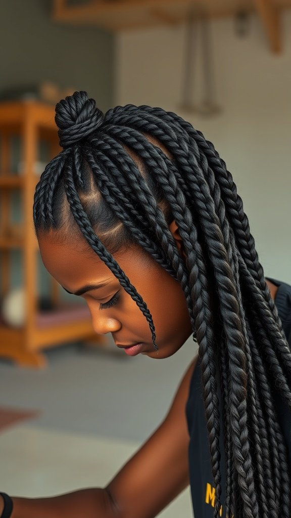 A close-up of a person with short bohemian knotless braids, showcasing a neat and stylish hairstyle.