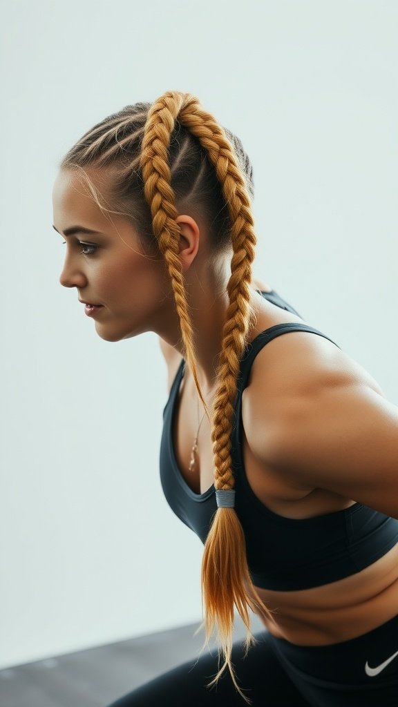 A fitness enthusiast with honey blonde knotless braids, showcasing a stylish and practical hairstyle for workouts.
