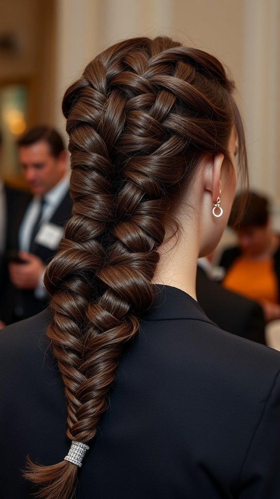 A woman with a stylish knotless braid hairstyle, showcasing a polished look suitable for formal events.