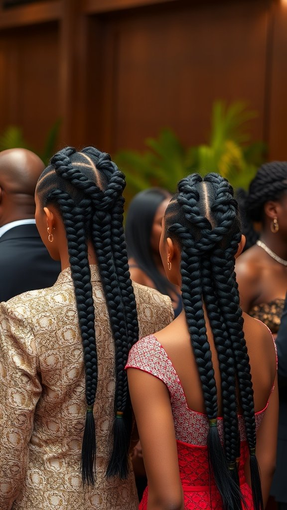 Two women with large knotless box braids at a formal event, showcasing elegant hairstyles.