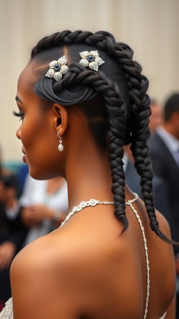 A woman with medium boho knotless braids styled elegantly for a formal event, adorned with decorative clips.