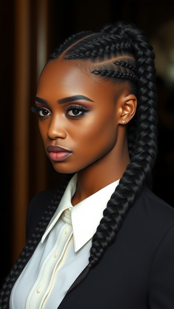 A woman with stylish knotless braids, dressed in formal attire, showcasing an elegant hairstyle suitable for formal events.