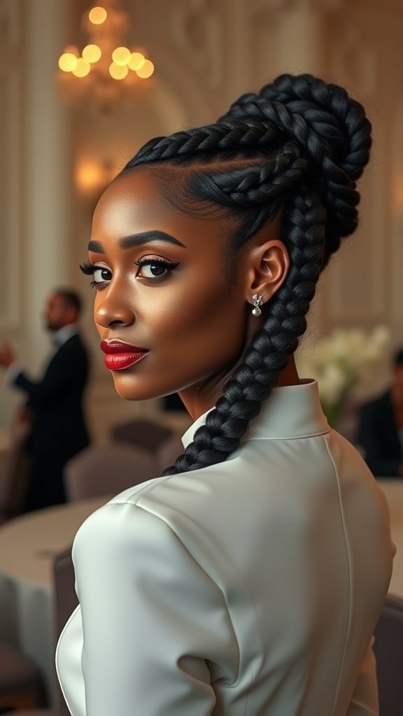 A woman with knotless braids styled in an elegant updo, showcasing a chic look for a formal event.