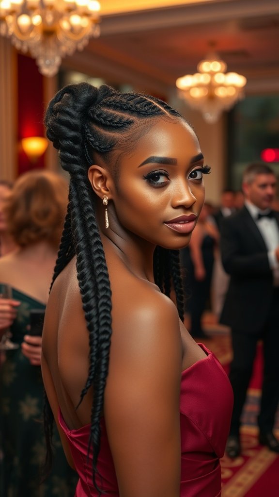 A woman with small short knotless braids and curly ends, wearing a deep red dress at a formal event.