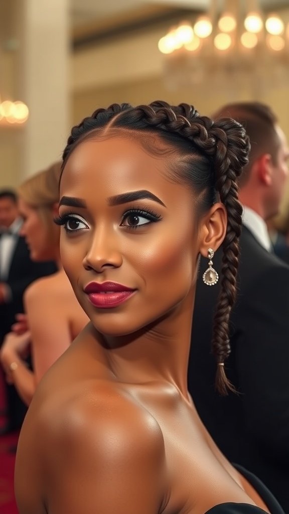 A woman with short knotless braids styled elegantly for a formal event.