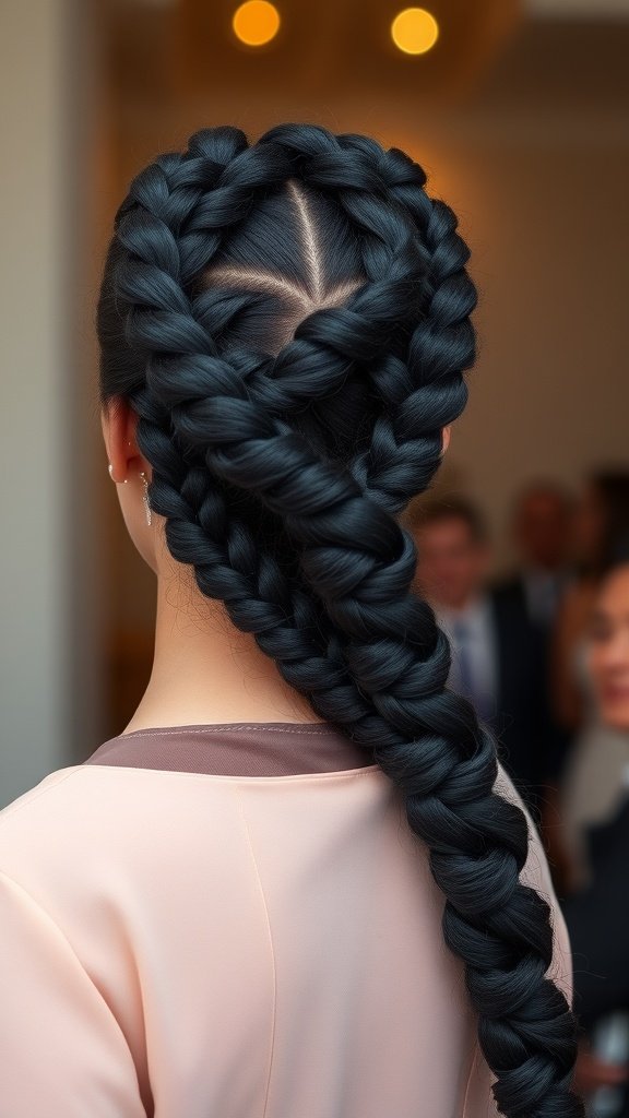 A beautiful heart-shaped knotless braid hairstyle, showcasing intricate braiding techniques, perfect for formal events.
