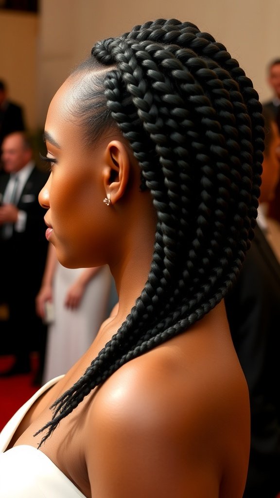 A woman with medium knotless braids styled elegantly for a formal event.
