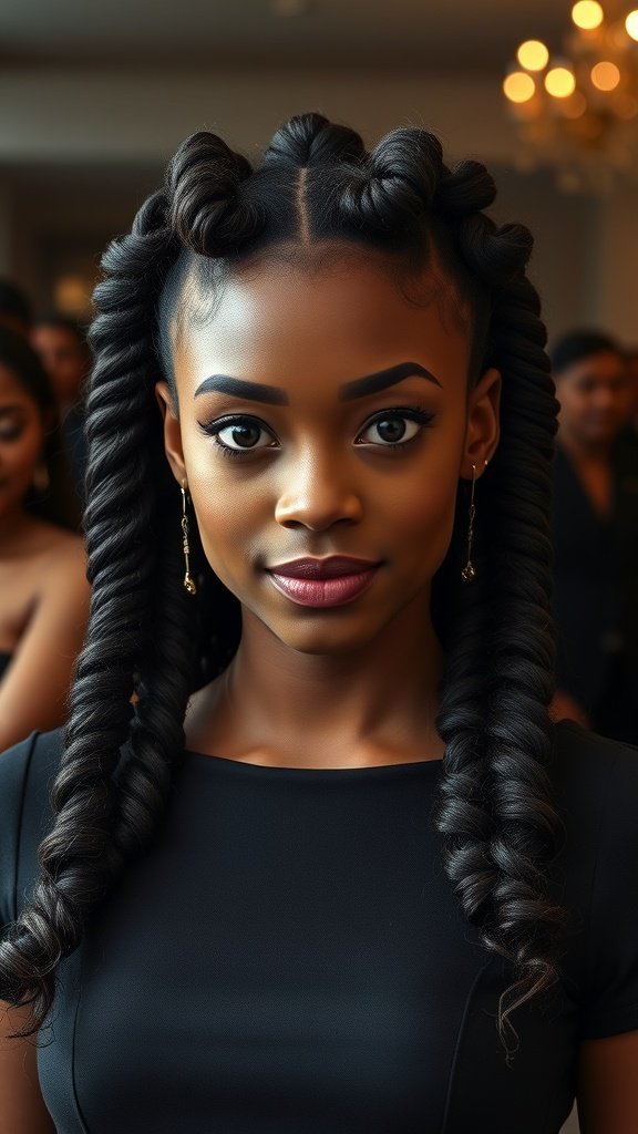A woman with knotless braids styled in curls, wearing a black dress, showcasing a formal look.
