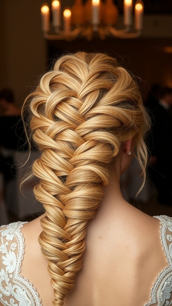 A beautiful blonde knotless braid styled elegantly for a formal event.