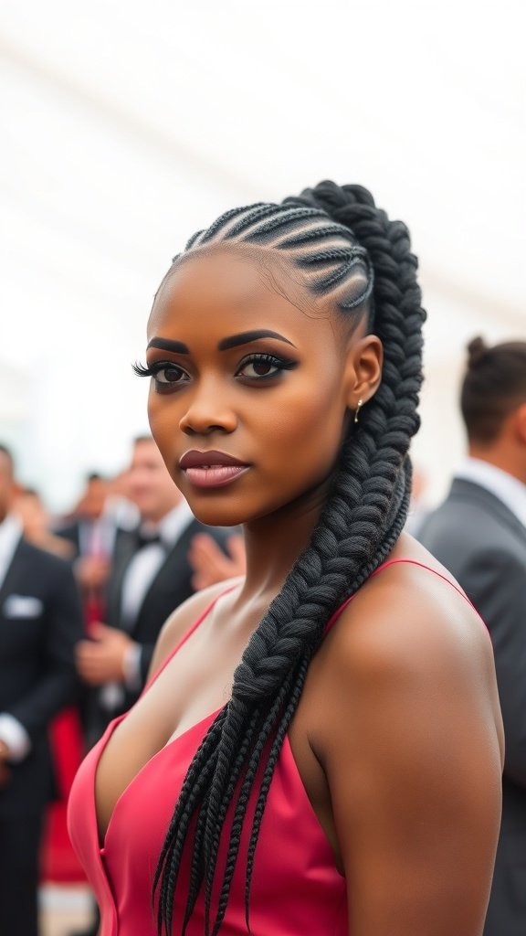 A woman with knotless Fulani braids styled elegantly for a formal event, wearing a red dress.