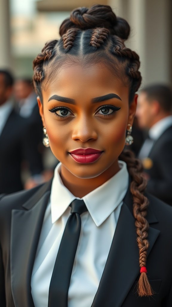 A woman with knotless braids styled elegantly for a formal event, wearing a suit and tie.