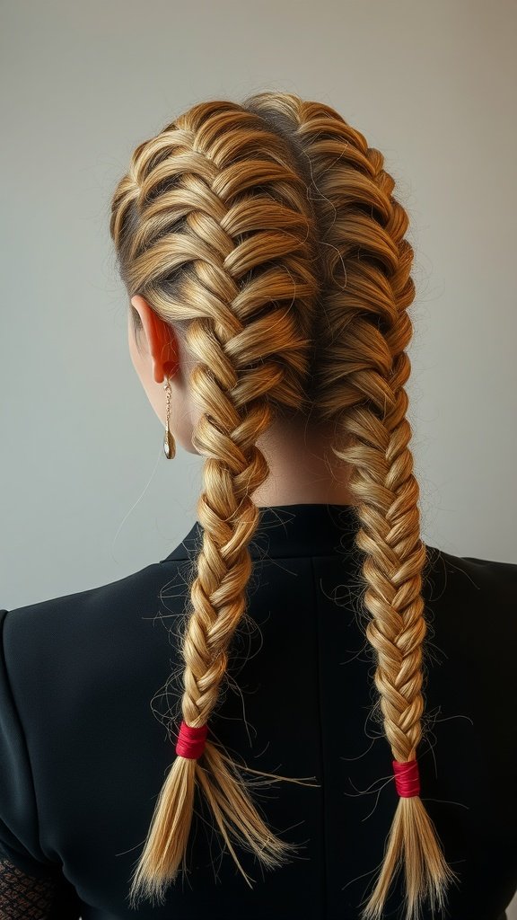 Close-up of two honey blonde knotless braids styled with red bands.