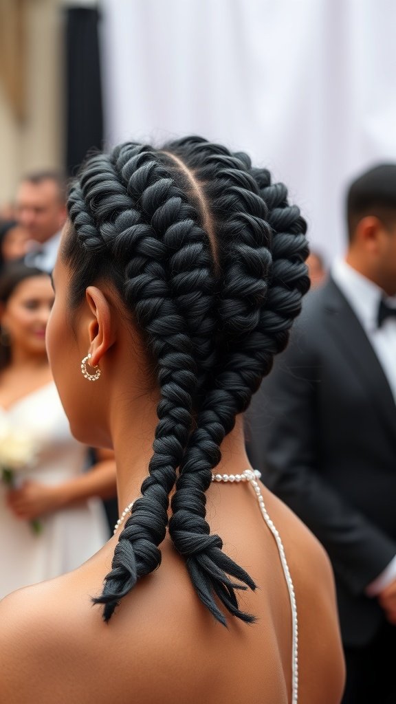 A close-up of a woman with two large knotless braids, styled elegantly for a formal event.
