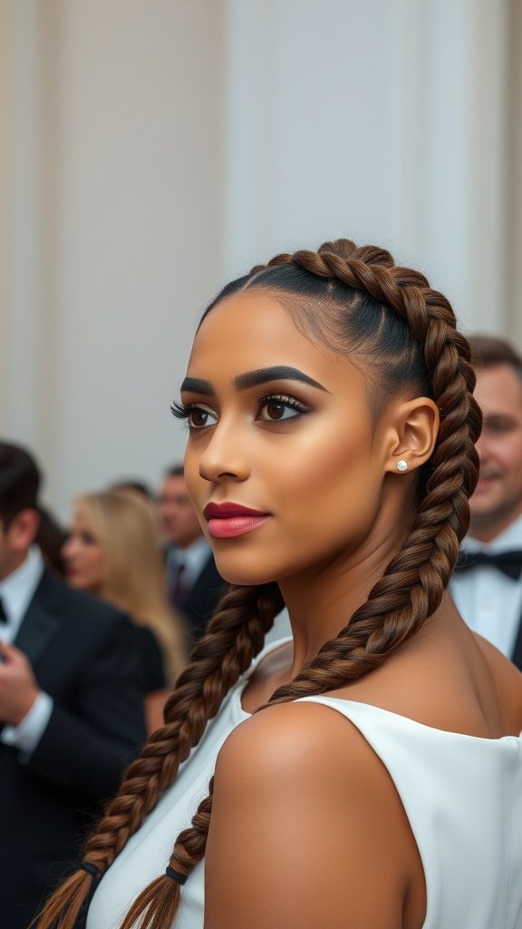 A woman with brown knotless braids styled elegantly for a formal event.