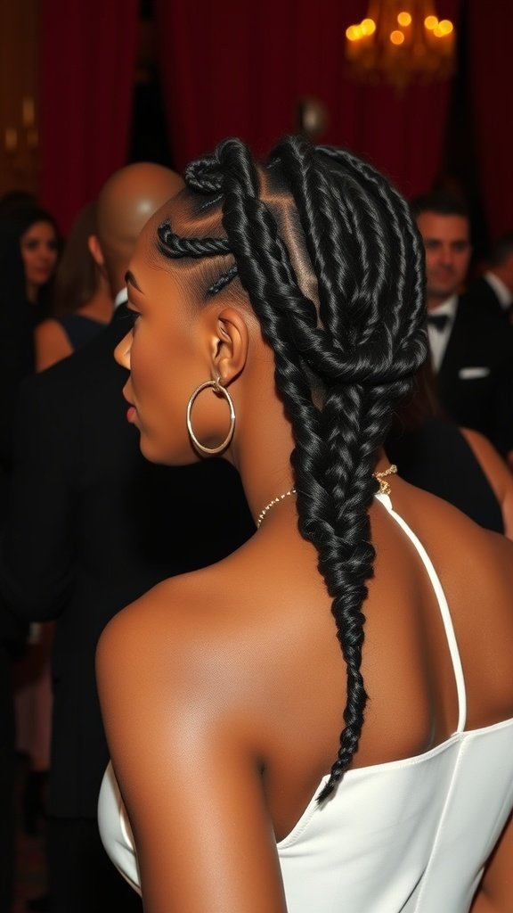 A woman with long knotless braids styled elegantly for a formal event.