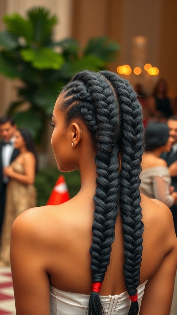 A woman with large knotless braids at a formal event, showcasing a sleek hairstyle.