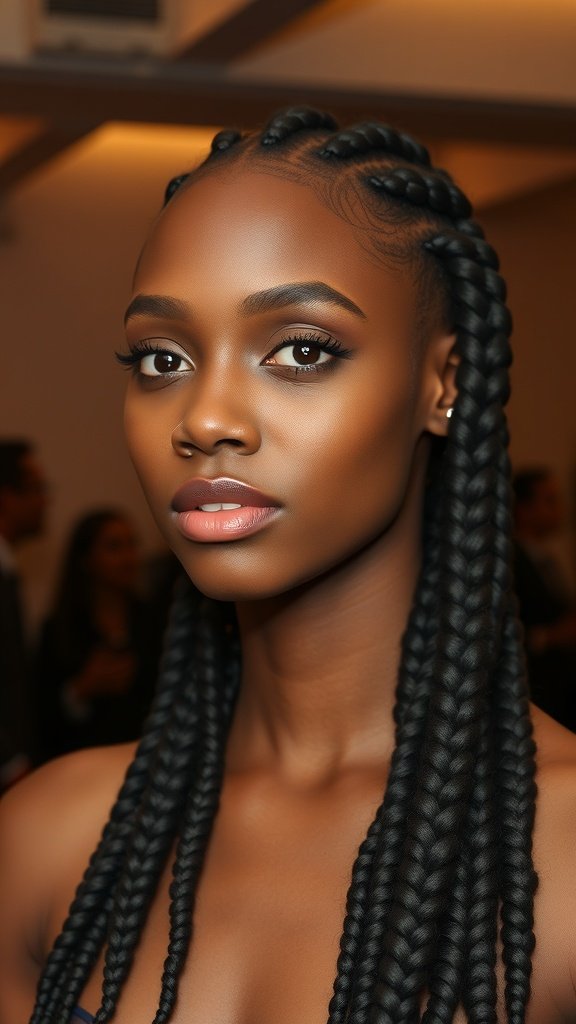 Model with large knotless braids styled for a formal event.