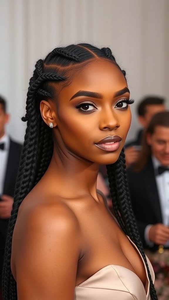 A model with knotless braids styled elegantly for a formal event, featuring curly ends.