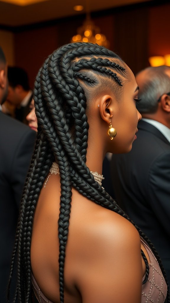 A woman with knotless braids styled elegantly for a formal event.