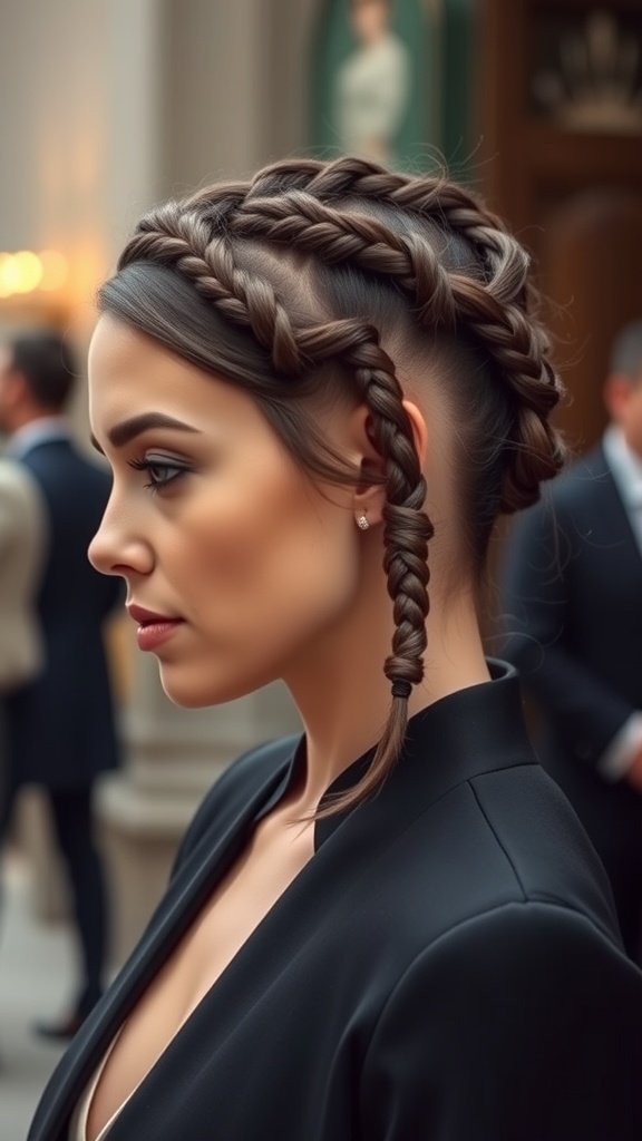 A woman with intricate knotless braids styled for a formal occasion.