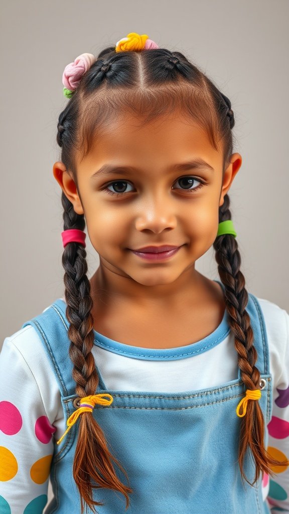 A young girl with two knotless braids, wearing colorful hair ties and a blue outfit with polka dots.