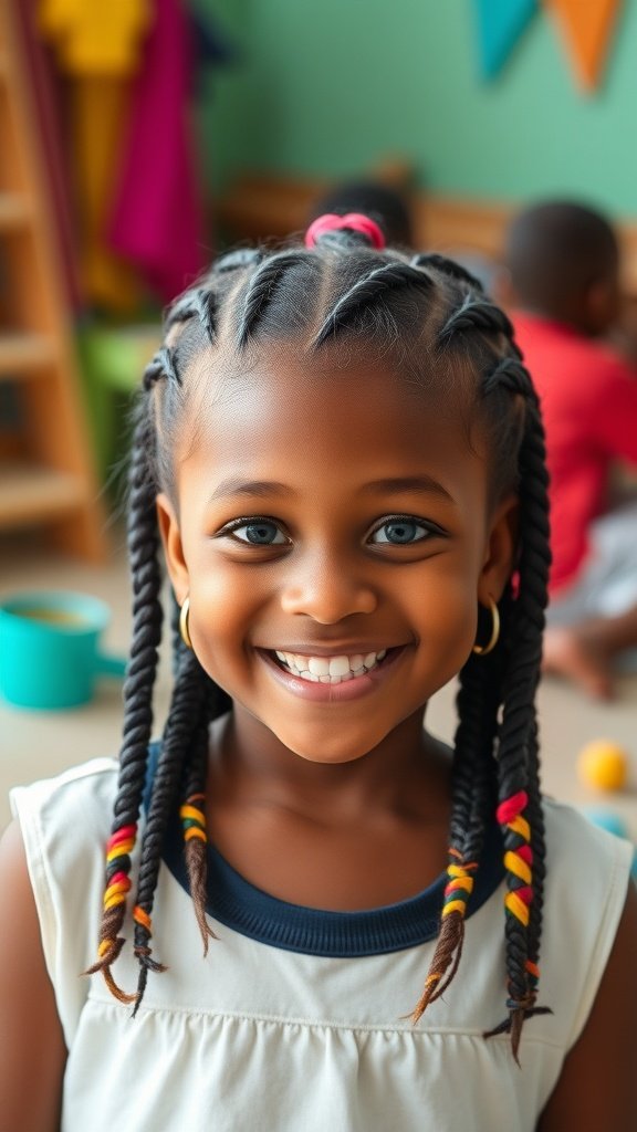 A young girl smiling with colorful knotless braids, showcasing a playful hairstyle.