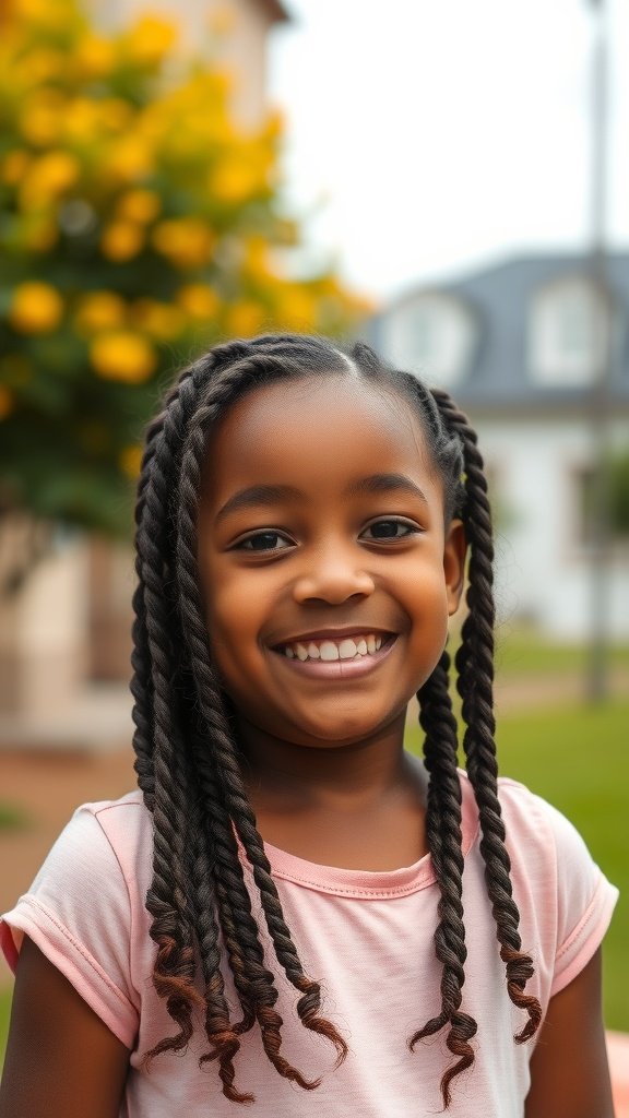 A young girl smiling with knotless braids featuring curly ends, set against a backdrop of blooming flowers.