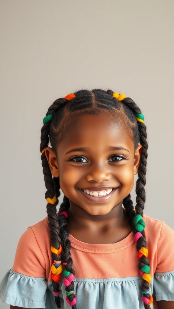 A smiling girl with colorful knotless braids, showcasing a joyful hairstyle.
