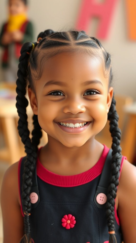 A smiling child with medium boho knotless braids, showcasing a playful hairstyle.