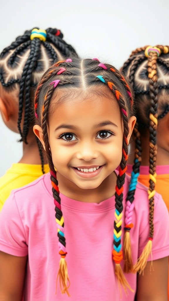 A girl with colorful knotless braids, smiling and showcasing her hairstyle.