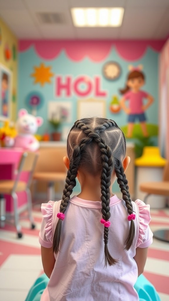 A young girl with knotless braids styled with colorful hair ties, sitting in a playful environment.