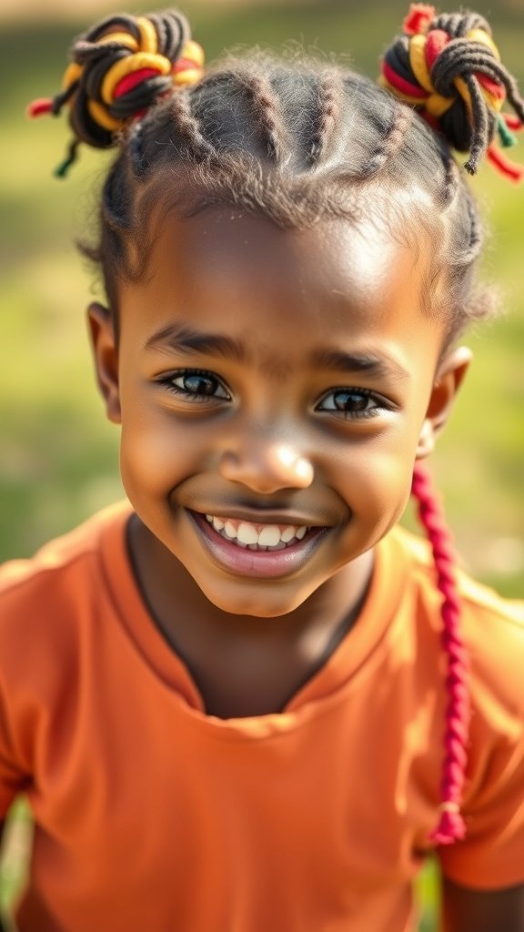 A young girl smiling with colorful short bohemian knotless braids styled in two buns.