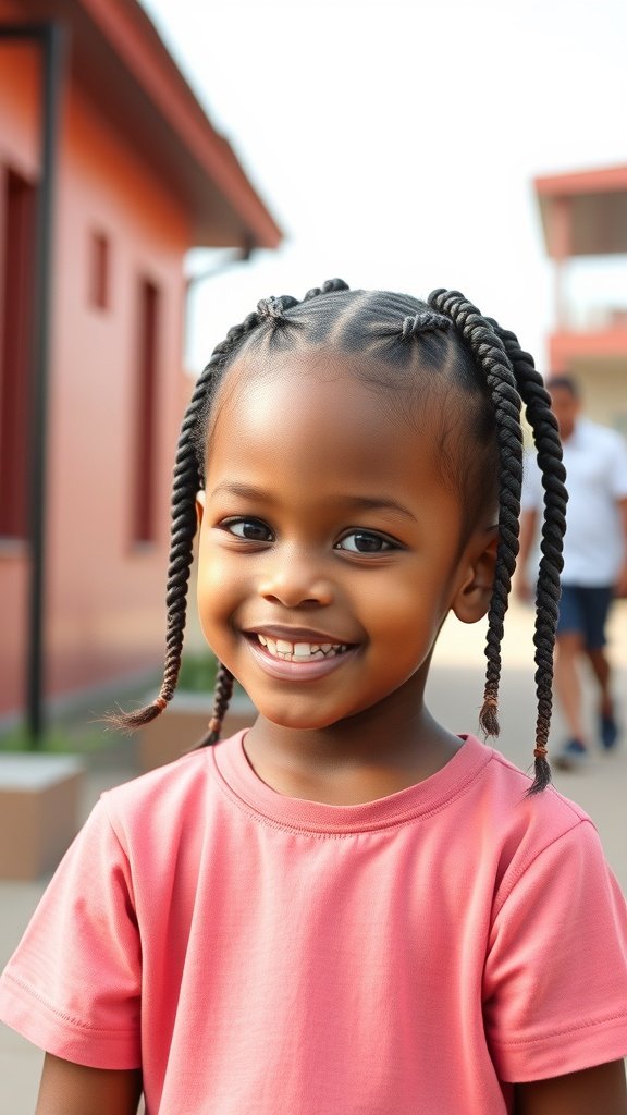 A young girl smiling with short knotless braids, showcasing a joyful expression.
