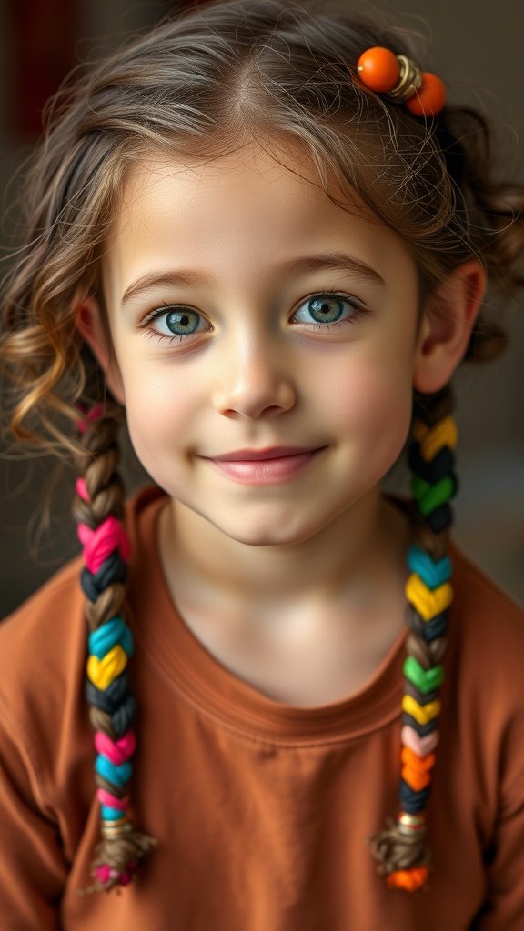 A young girl with colorful knotless braids and curly ends, smiling at the camera.