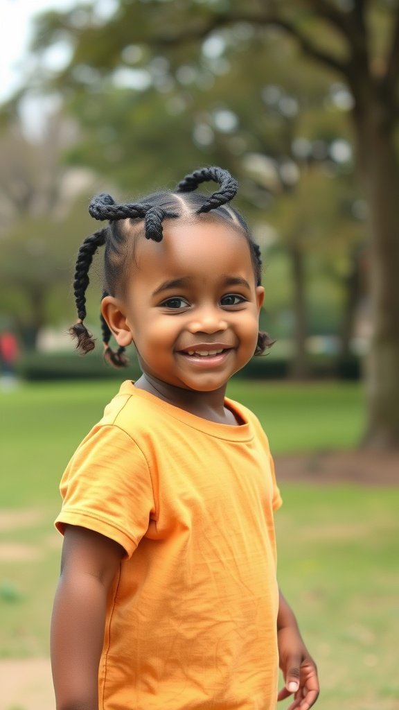 A young child smiling with short knotless braids and curly ends, wearing an orange shirt in a park.