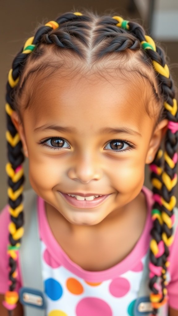 A young girl smiling with colorful knotless braids, showcasing a playful hairstyle.