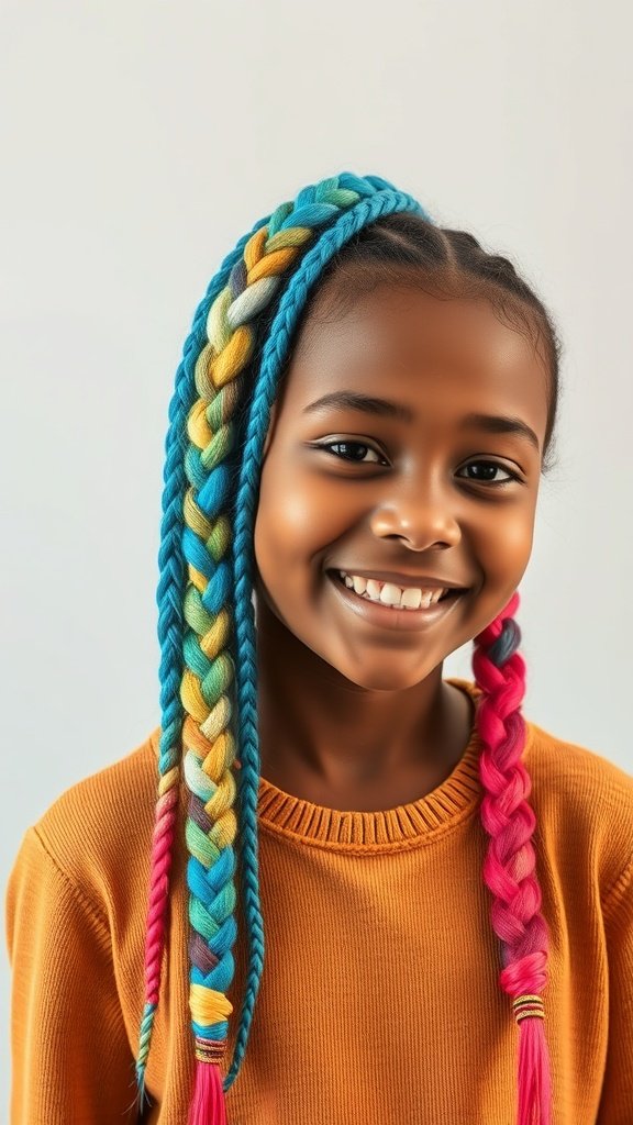 A smiling girl with colorful knotless braids in blue, pink, and yellow.