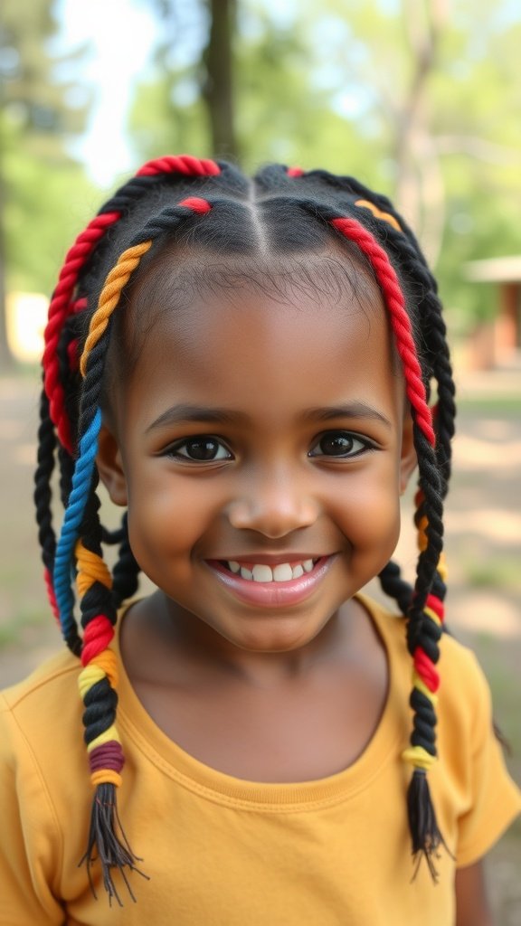 A young girl smiling with colorful knotless braids in red, yellow, and blue.