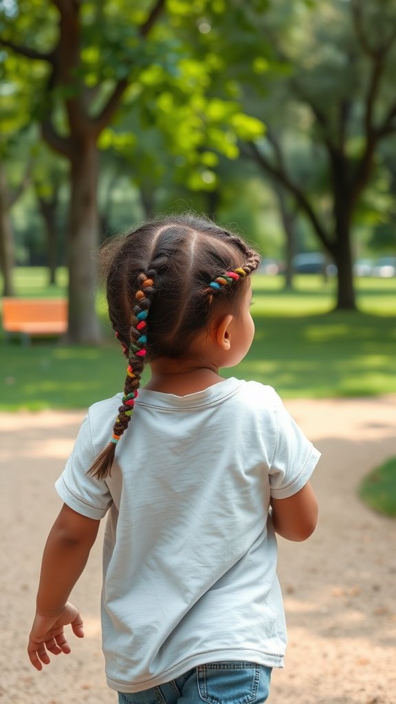 A child with colorful knotless braids walking in a park