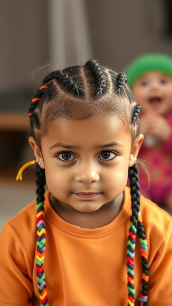 A young girl with colorful knotless braids, showcasing a playful hairstyle.