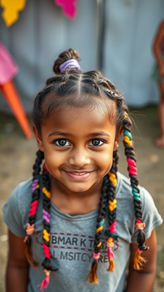 A young girl with colorful knotless braids, smiling brightly.