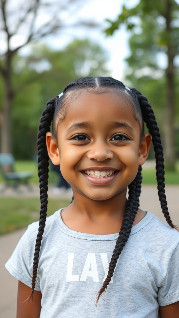A young girl smiling with knotless braids in a park.