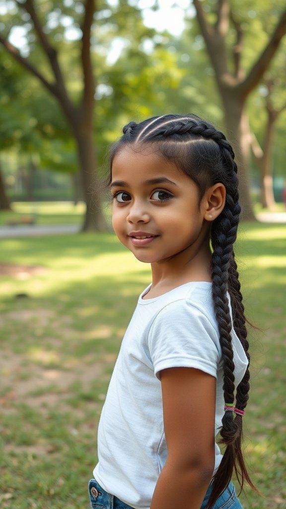 A young girl with large boho knotless braids, smiling in a park setting.