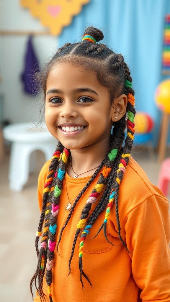 A smiling girl with colorful knotless braids, showcasing a playful hairstyle.